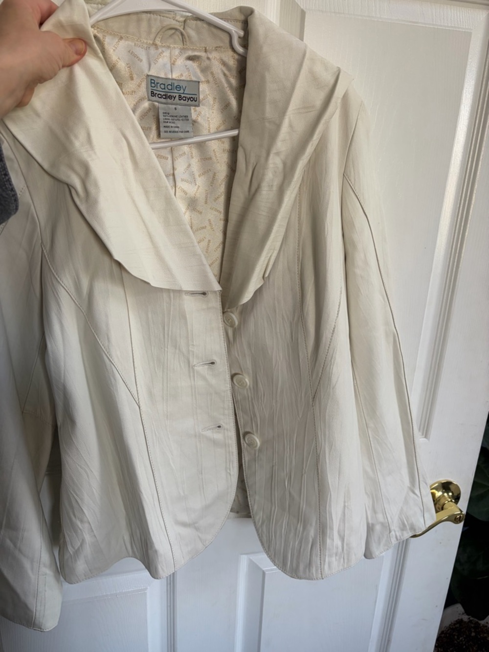 Women's Cream Vintage Blazer Leather Jacket with Draped Collar